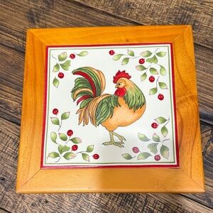 Colorful Rooster Ceramic Tile Trivet with Wooden Frame